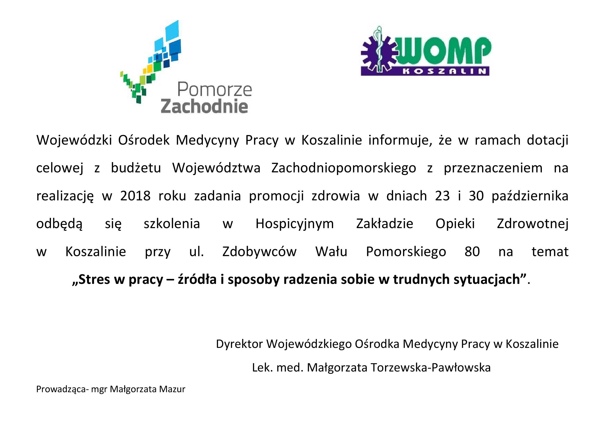 Promocji zdrowia w dniach 23 i 30 października odbędą się szkolenia w Hospicjum im. św. Maksymiliana Kolbego  w Koszalinie