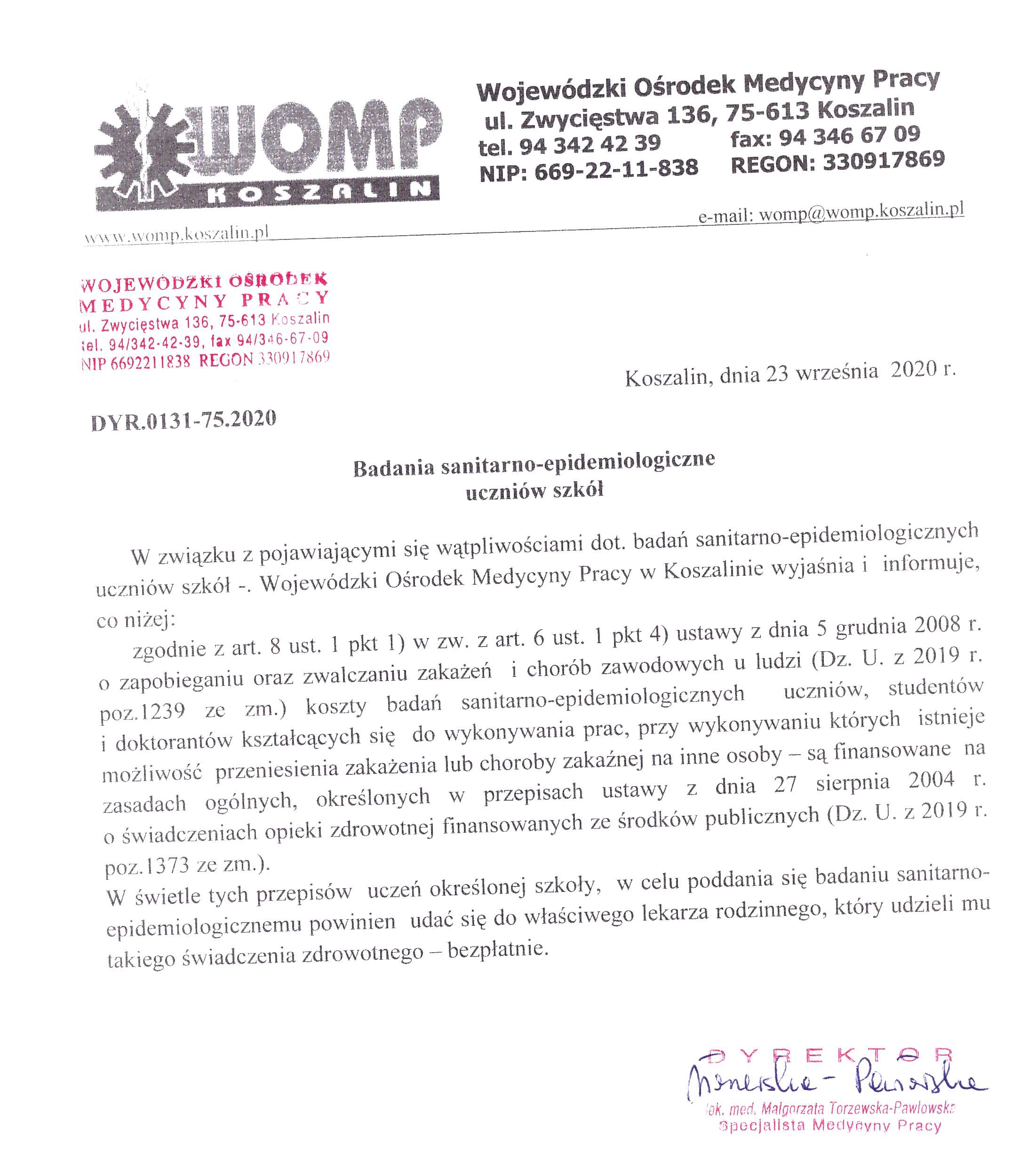 Informacja o badaniach sanitarno-epidemiologicznych uczniów szkół.